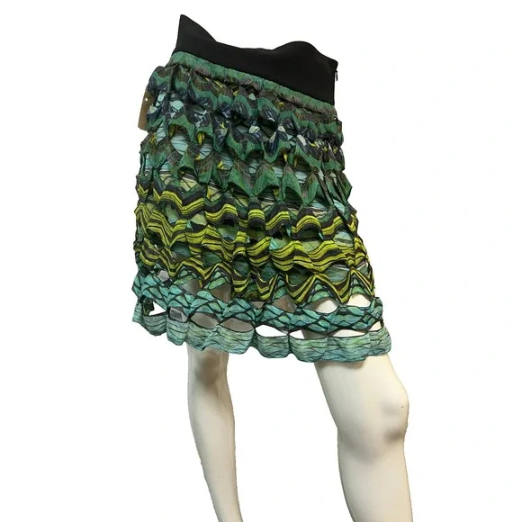 Diane von Furstenberg Gunita Mini Skirt Green Blue Open Work Wave Print SZ 4 - Picture 3 of 14
